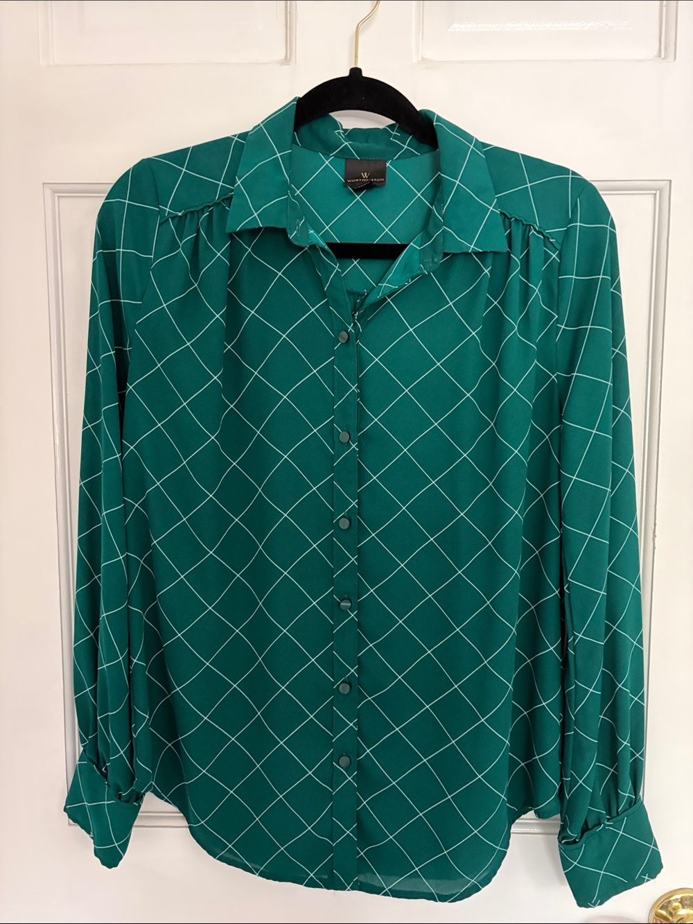 Worthington Emerald Green Windowpane Blouse